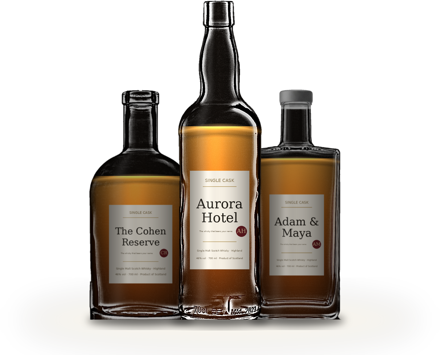 Three Caskcraft private-label single cask whisky bottles — The Cohen Reserve, Aurora Hotel, Adam & Maya.